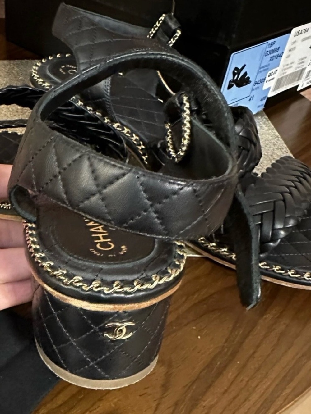 CHANEL Black Braided Leather Platform Sandals - Picture 3 of 5